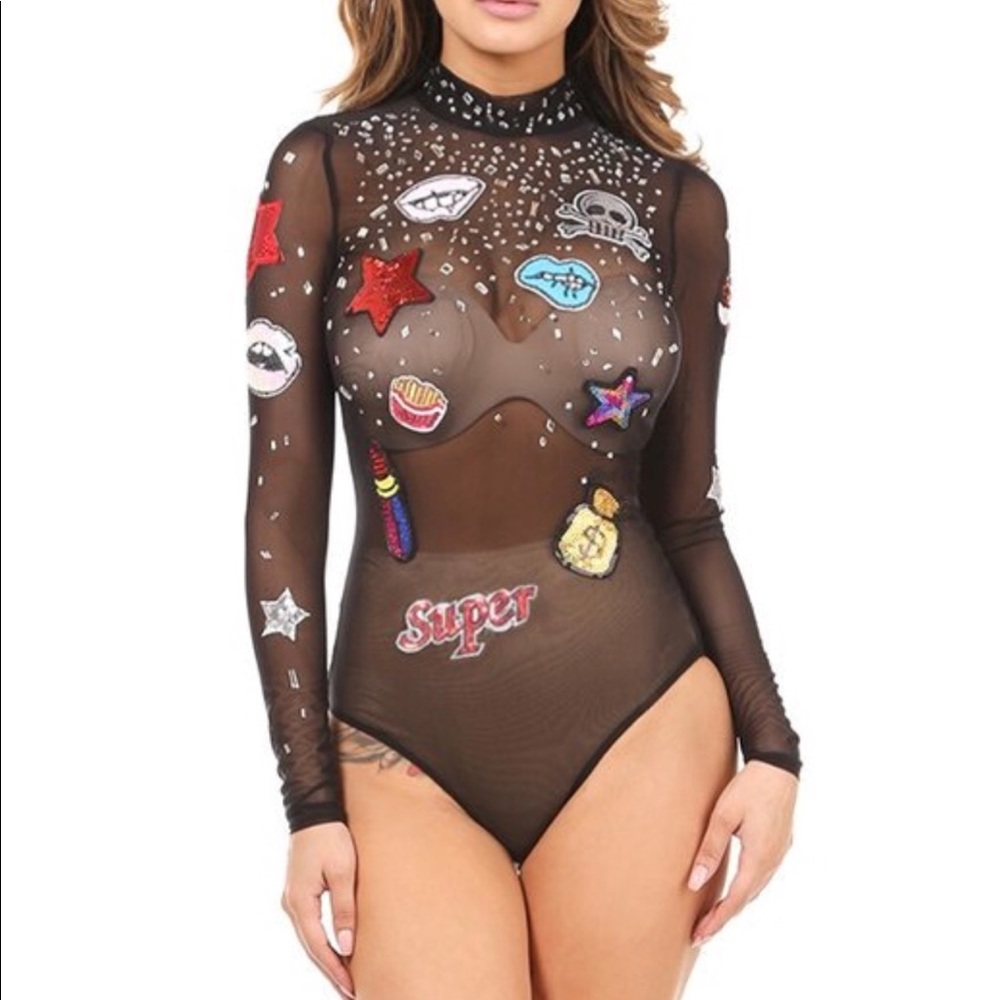 Patch Embellished Mesh Bodysuit
